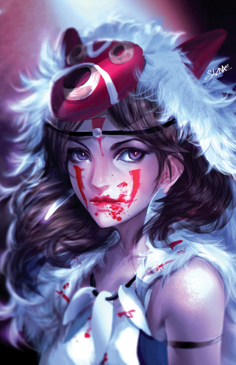 Studio Ghibli fanart of San from Princess Mononoke, featuring her iconic red war paint, wolf fur cloak, and fierce gaze in a stunning fantasy portrait, Mononoke hime