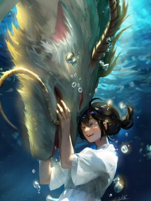 Studio Ghibli fanart featuring Chihiro and Haku in his dragon form, embracing underwater in a breathtaking fantasy scene