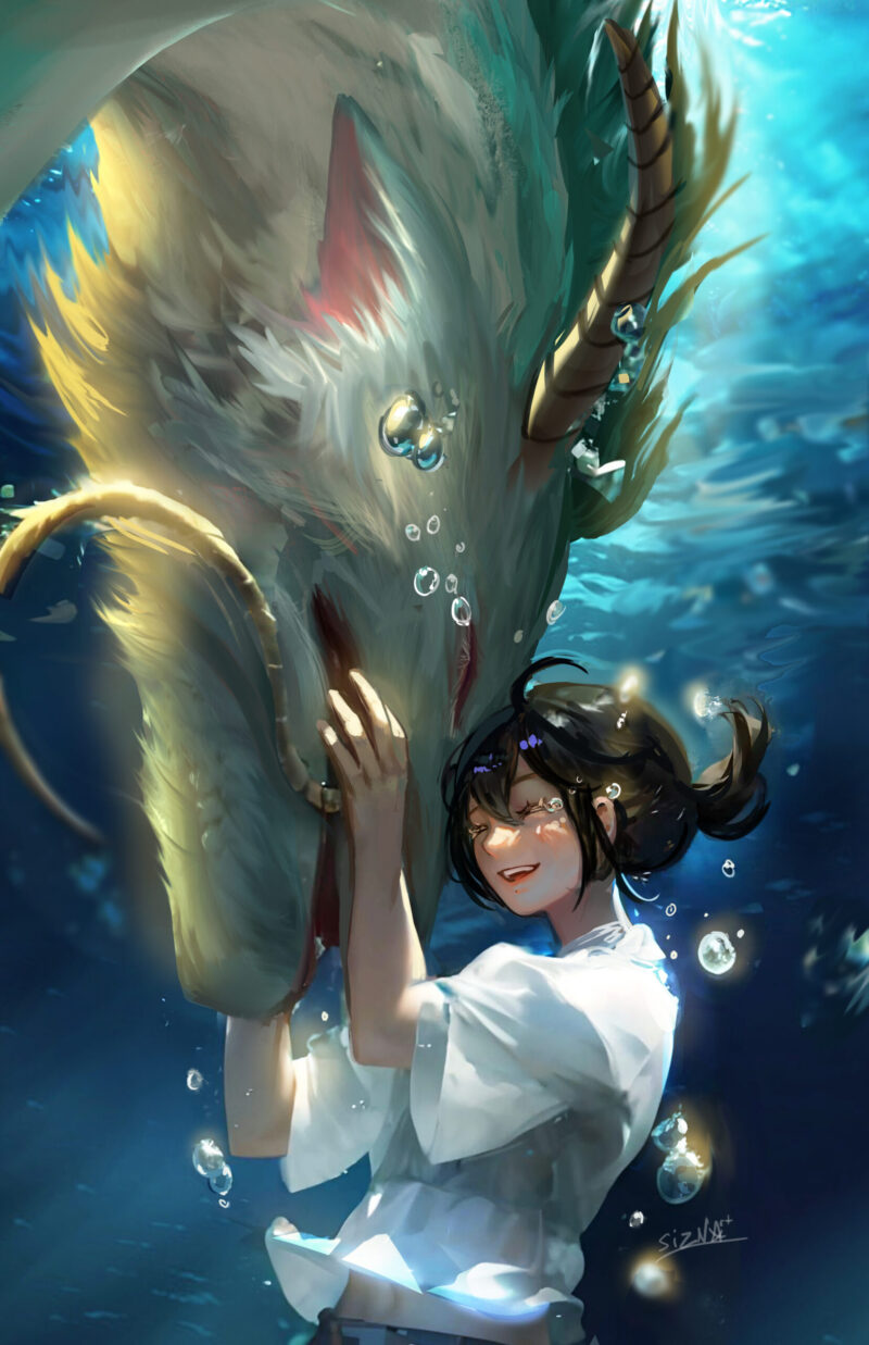 Studio Ghibli fanart featuring Chihiro and Haku in his dragon form, embracing underwater in a breathtaking fantasy scene