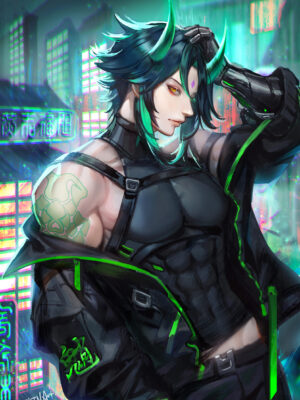 Stylish cyberpunk-inspired artwork of Xiao from Genshin Impact, featuring neon lights and a futuristic aesthetic.