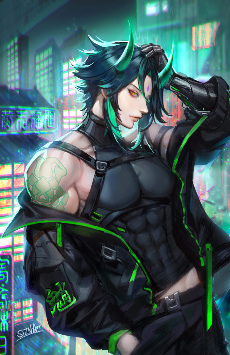 Stylish cyberpunk-inspired artwork of Xiao from Genshin Impact, featuring neon lights and a futuristic aesthetic.