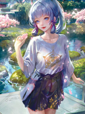 Beautiful anime illustration of Kamisato Ayaka from Genshin Impact, standing gracefully among cherry blossoms in a peaceful garden.