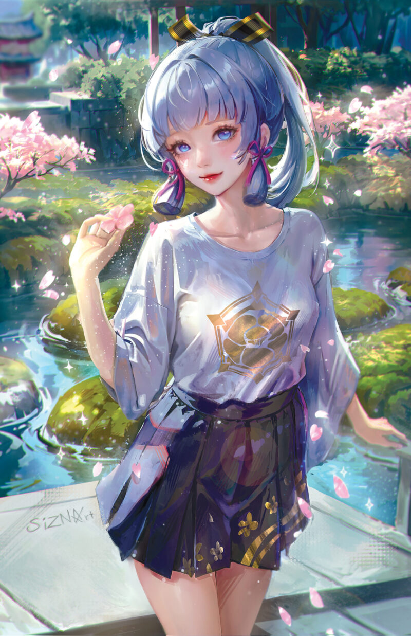 Beautiful anime illustration of Kamisato Ayaka from Genshin Impact, standing gracefully among cherry blossoms in a peaceful garden.