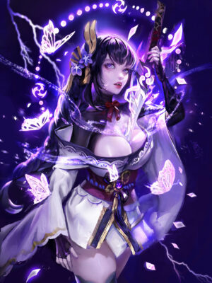 Stunning artwork of Raiden Shogun from Genshin Impact, surrounded by glowing purple energy and lightning effects