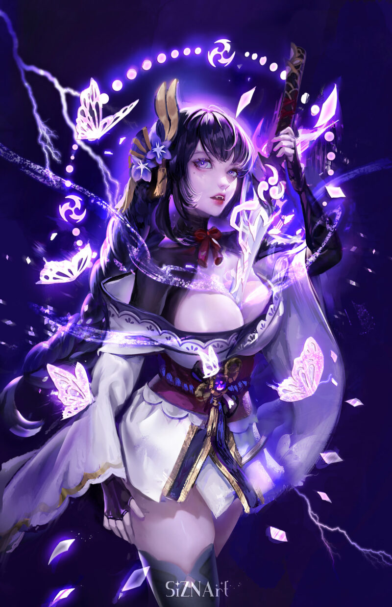 Stunning artwork of Raiden Shogun from Genshin Impact, surrounded by glowing purple energy and lightning effects