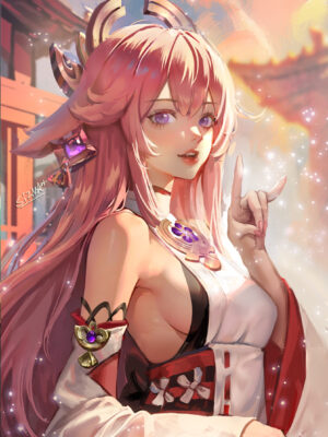 Yae Miko fanart - stunning anime-style illustration of the elegant shrine maiden from Genshin Impact, featuring pink hair, fox ears, and a magical Japanese shrine backdrop.