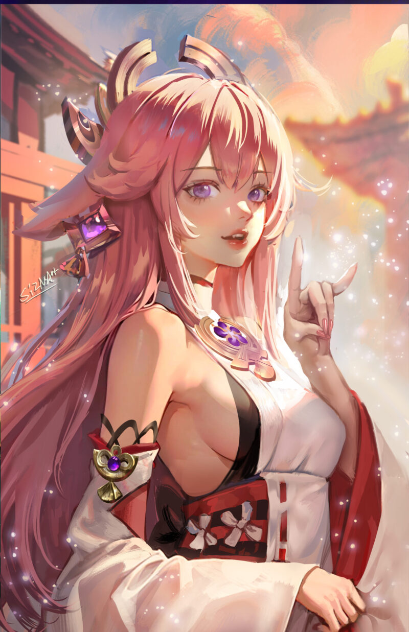 Yae Miko fanart - stunning anime-style illustration of the elegant shrine maiden from Genshin Impact, featuring pink hair, fox ears, and a magical Japanese shrine backdrop.