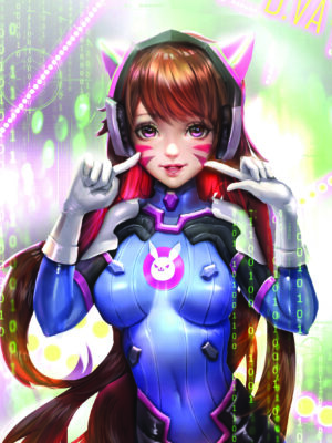 Stunning anime-style illustration of D.Va from Overwatch, smiling playfully in her signature mech suit with digital effects in the background.