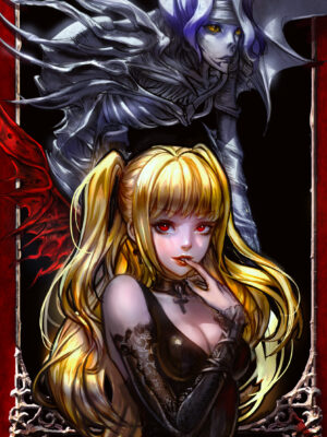 Death Note, Misa Amane, Rem Death Note, Shinigami, Kira, Light Yagami, Anime Poster, Gothic Anime Art, Dark Aesthetic, Anime Fanart, Manga Illustration, Misa Amane fanart from Death Note, featuring the gothic idol with golden twin-tails, red eyes, and a seductive expression, alongside Rem, the Shinigami, in a dark, gothic-themed background.