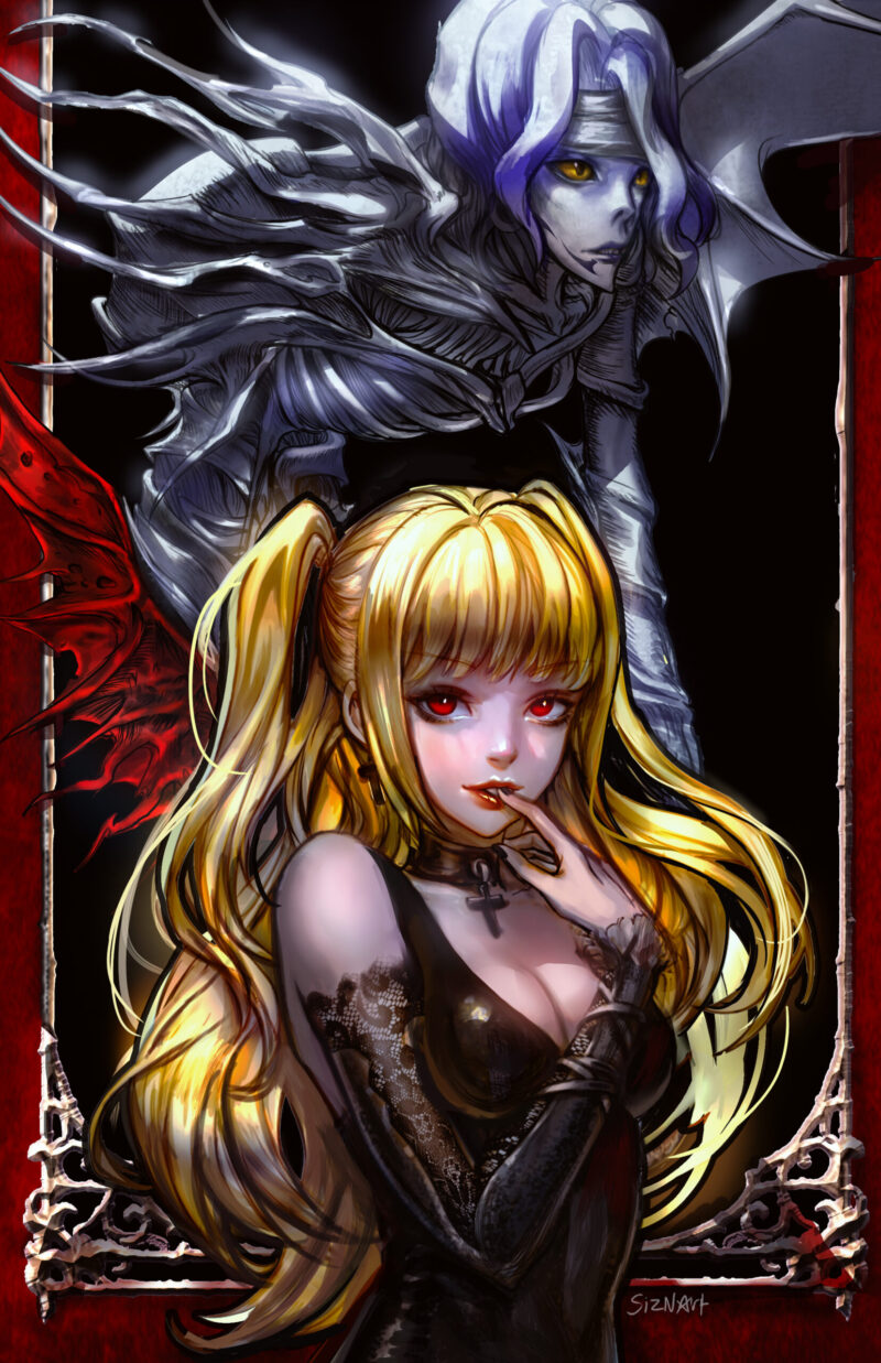 Death Note, Misa Amane, Rem Death Note, Shinigami, Kira, Light Yagami, Anime Poster, Gothic Anime Art, Dark Aesthetic, Anime Fanart, Manga Illustration, Misa Amane fanart from Death Note, featuring the gothic idol with golden twin-tails, red eyes, and a seductive expression, alongside Rem, the Shinigami, in a dark, gothic-themed background.