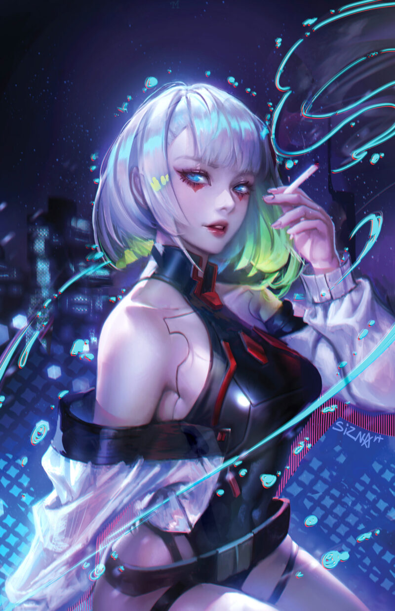 Lucy from Cyberpunk: Edgerunners – stunning neon cyberpunk artwork featuring the iconic netrunner with futuristic aesthetics, glowing cityscape, and edgy cybernetic details.