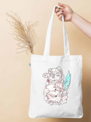 Pink Angel Girl with Cat : Original Illustration Anime Tote Bag