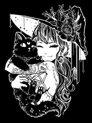 Cat & Witch Black and White Foiled Print